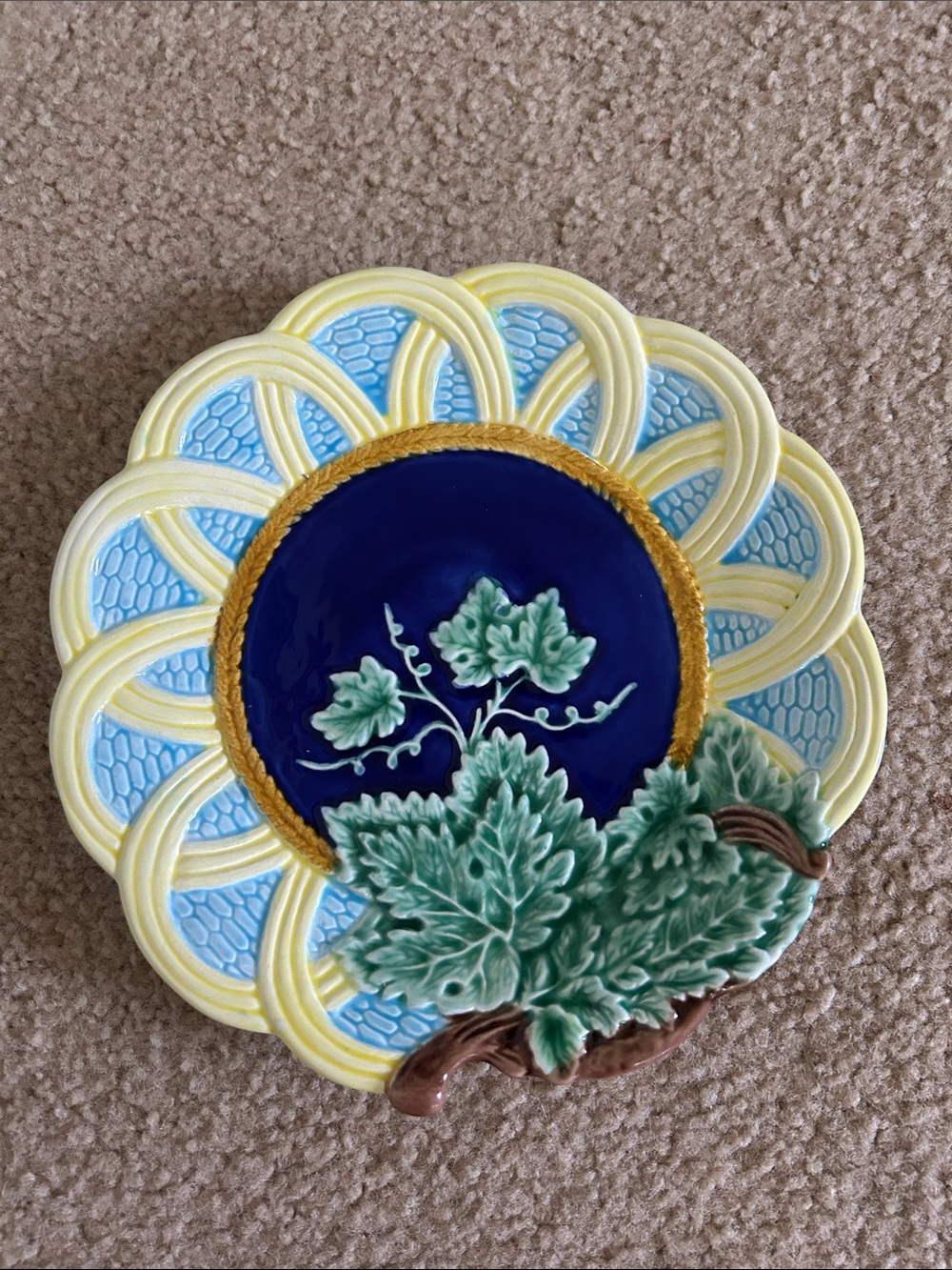 Vintage Ceramic Majolica Scalloped Plate with Blue Center and Green Leaf Moti